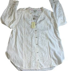 Sundance Valeria Women's white blouse L Eyelet long sleeve button Ruffle NWOT